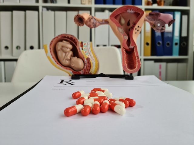 Illustration combinant un bilan hormonal, un utérus avec un embryon, un endomètre et des gélules, représentant les différentes stratégies pour optimiser le taux de progestérone en période de pré-conception.